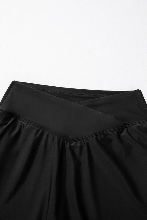 Solid Pocketed Crossover High Waist Swim Skort